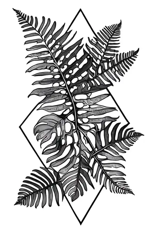 monstera leaves with a few ferns sticking out. a diamond shaped line outlining the design tattoo design idea