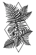 monstera leaves with a few ferns sticking out. a diamond shaped line outlining the design tattoo design idea