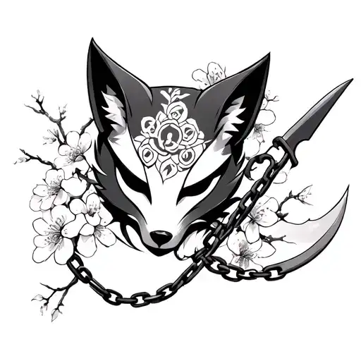 kitsune mask with sickle and chain, cherry blossoms and inori gate tattoo design idea