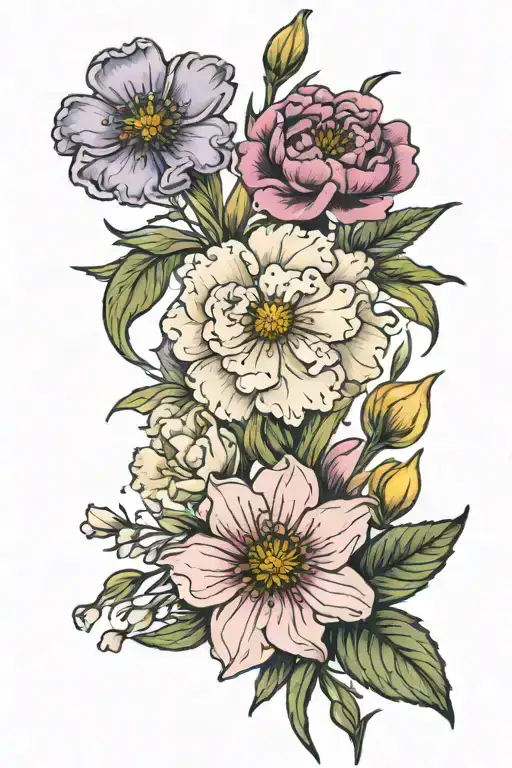 Carnation, Snow drop, marigold, cosmos, sweet pea, daisy and narcissus tattoo design idea
