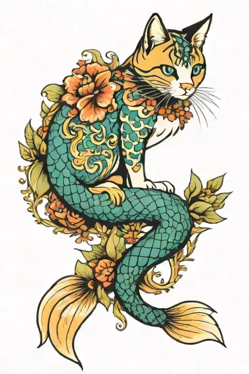 cat and mermaid tail tattoo design idea