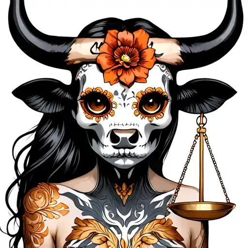woman body bull with sugar skull markings, brown eyes and two Libra scales with extra dark background tattoo design idea