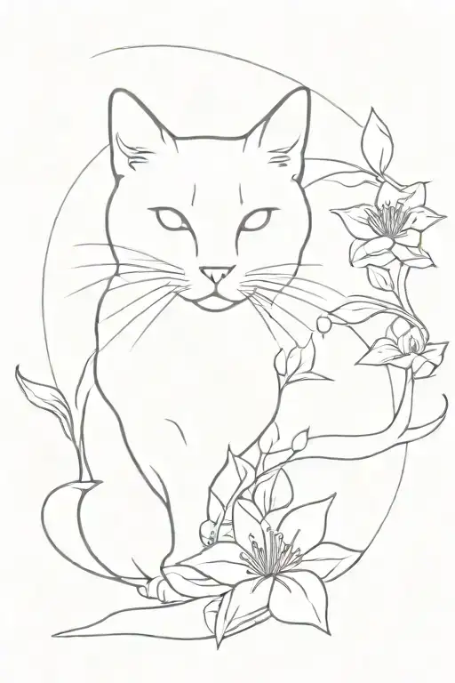 outline of a silhouette of a cat with santan flowers tattoo design idea