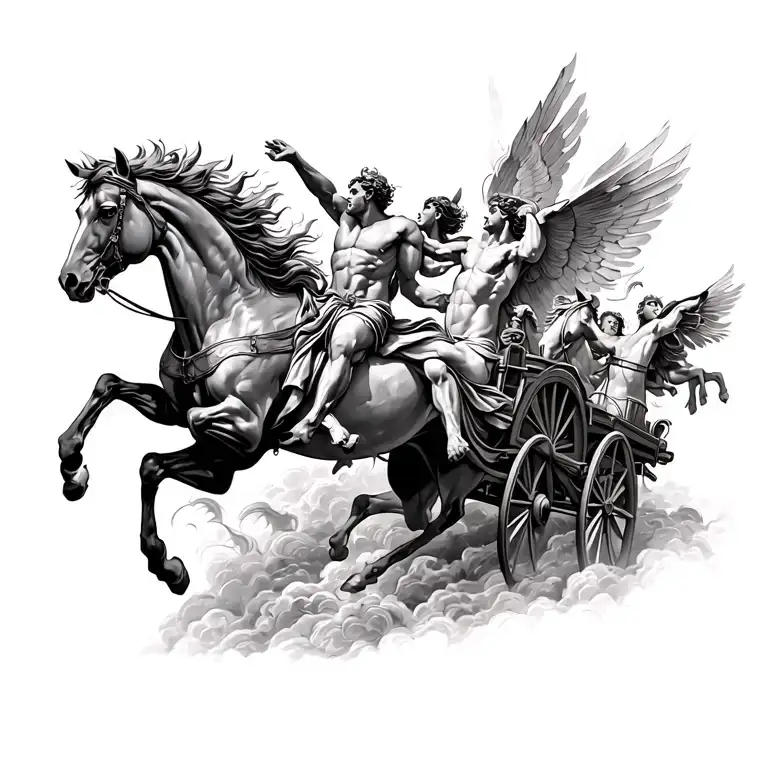 Full neck/torso tatoo of helios with his horses and chariot coming from the sun and rescuing Icarus mid fall. tattoo design idea