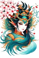 Asura God , water , cherry blossom , mask , women , japanese , dragon tattoo design idea