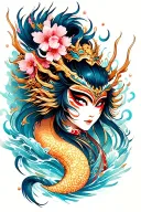 Asura God , water , cherry blossom , mask , women , japanese , dragon tattoo design idea