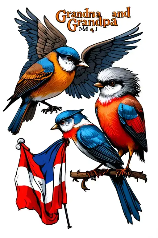 "Grandma and Grandpa W M Q J" Sleeve with 2 robins and a faded Dutch flag with the flag of Utrecht and Icarus that falls and the Joker tattoo design idea