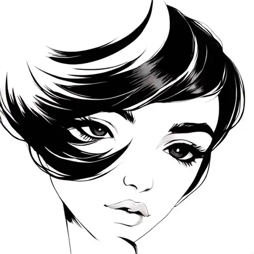 Black goddess, black hair, thick eyebrows, rounded and dark eyes, sensual, firm penetrating and mysterious look tattoo design idea