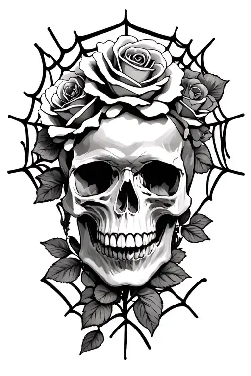 skull & roses intertwined spider web tattoo design idea