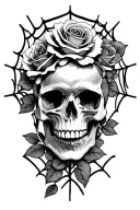 skull & roses intertwined spider web tattoo design idea