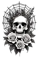 skull & roses intertwined spider web tattoo design idea
