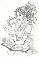 Scorpio, girl with dark hair, book tattoo design idea
