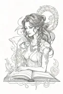 Scorpio, girl with dark hair, book tattoo design idea