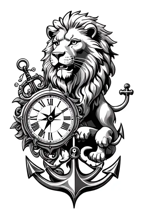 Lion at the top, and then a clock, an anchor, and a compass tattoo design idea