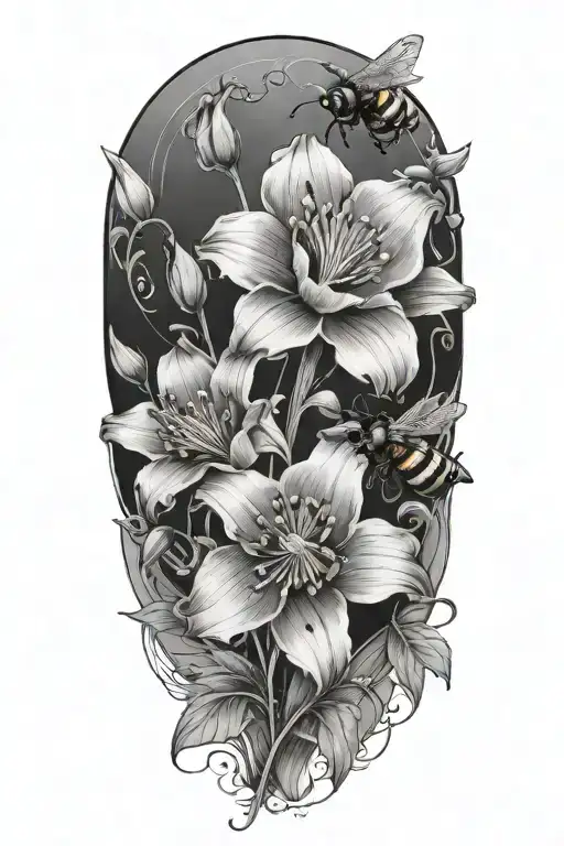 lily poppy flowers blooming with bee flying towards tattoo design idea