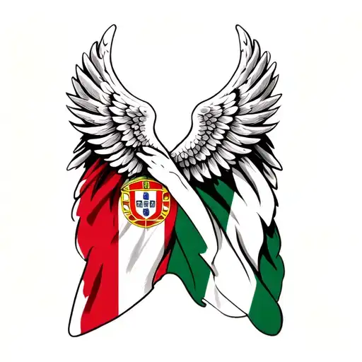 one angel wing spread out with a Portuguese flag intertwined tattoo design idea