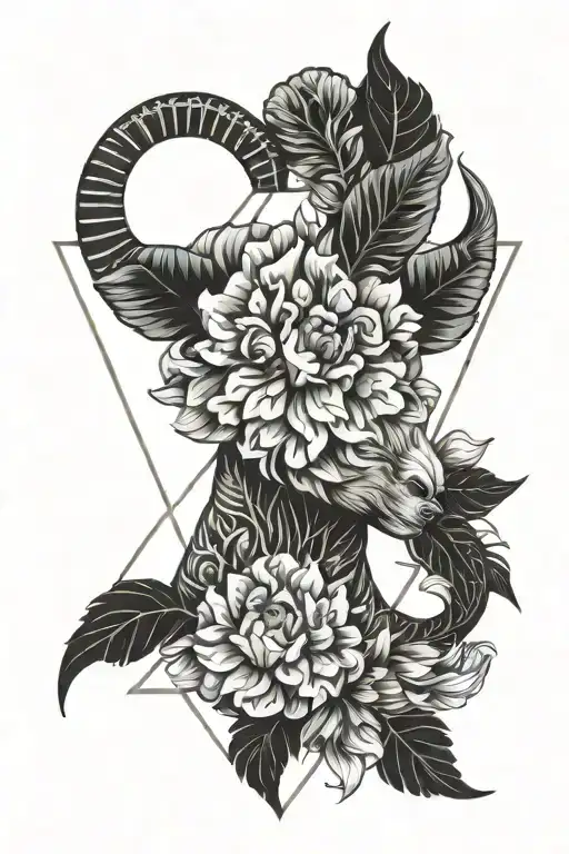 Head of the sign of Aries between flowers growing tattoo design idea