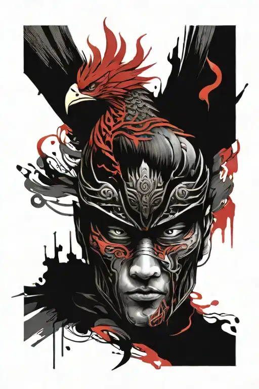 Samurai mask and phoenix rising from a spark of flame tattoo design idea
