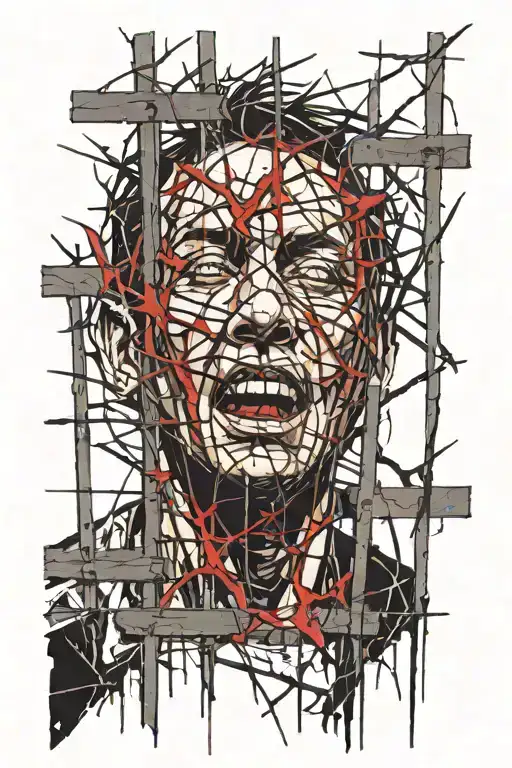 An imprisoned man shouting behind cell bars made of branches with thorns tattoo design idea