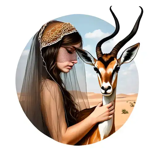 Gazelle on the desert landscape and girl with veil tattoo design idea