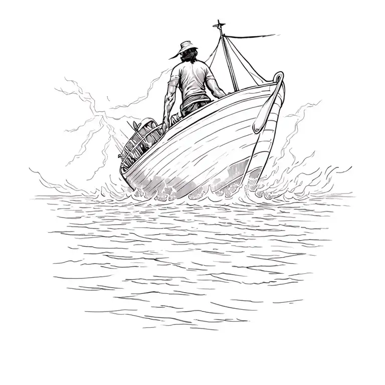 man on a capsized boat in a large storm with lightning  tattoo design idea