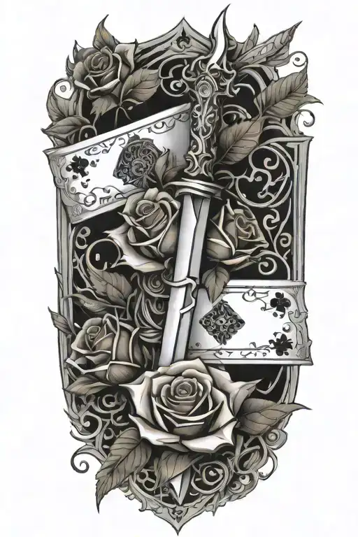 dagger going threw rose and vines wrapped around it with suits of cards etched in the blade  tattoo design idea