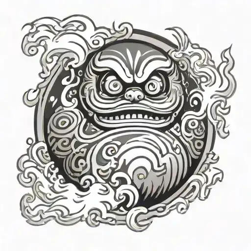 daruma doll surrounded by flames and smoke tattoo design idea