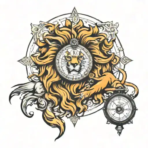 lion, watch, compass tattoo design idea
