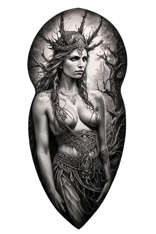 sexy freya norse goddes shape tree tattoo design idea