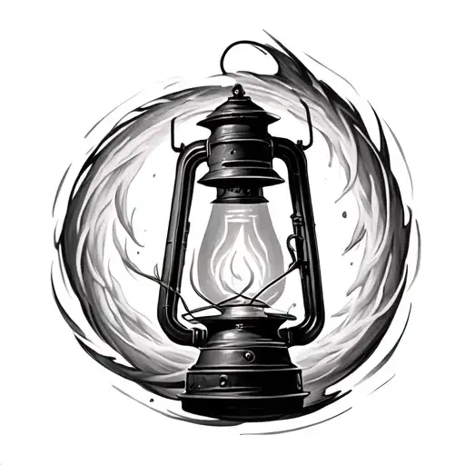 Hyper-realistic black and white tattoo sketch of a vintage kerosene lantern with two flames swirling inside in a spiral  tattoo design idea