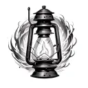 Hyper-realistic black and white tattoo sketch of a vintage kerosene lantern with two flames swirling inside in a spiral  tattoo design idea