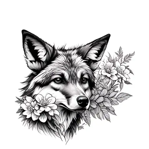 coyote with flowers wrapping tattoo design idea