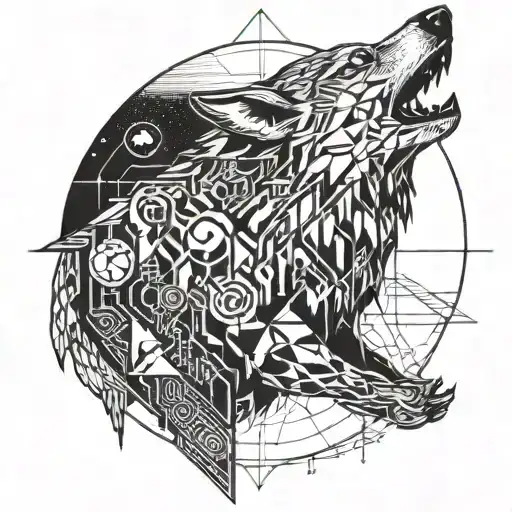 A futuristic cybernetic wolf howling at a digital moon, incorporating circuitry patterns and geometric shapes tattoo design idea