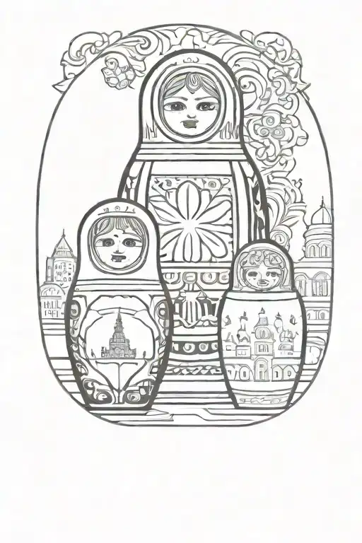 Russian nesting doll with Moscow dome buildings in background tattoo design idea