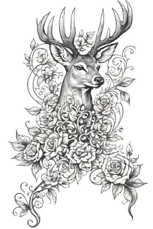 Deer head with vine of flowers under 2 little birds on each side of vine and butterlys flying in back for a four arm tat tattoo design idea