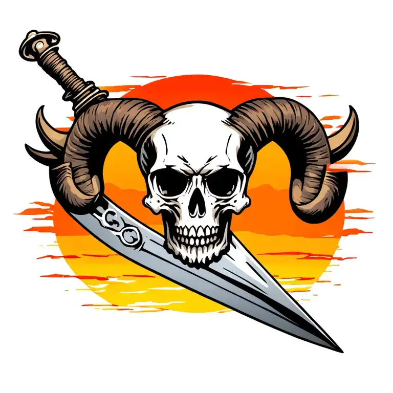 Aries skull dagger sunset background tattoo design idea