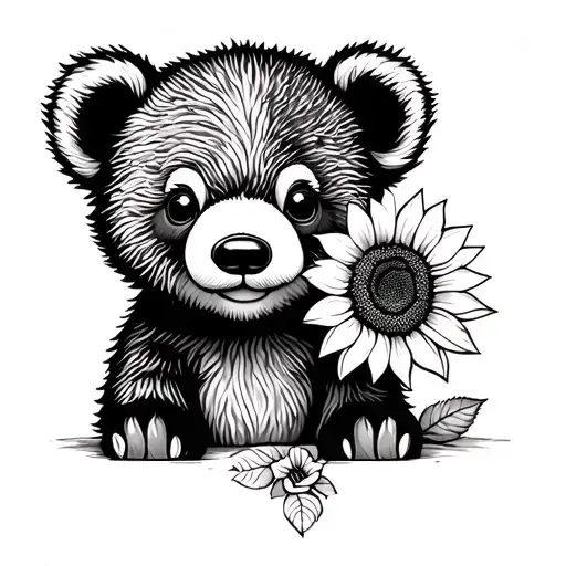 cute baby bear with sunflowers and roses tattoo design idea