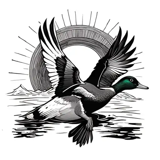 hunting scene, duck flying towards the sun tattoo design idea