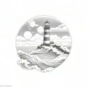 waves, lighthouse, sea, mountain, circle night tattoo design idea