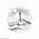 waves, lighthouse, sea, mountain, circle night tattoo design idea
