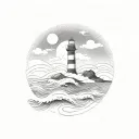 waves, lighthouse, sea, mountain, circle night tattoo design idea