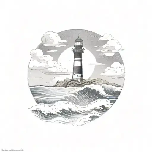 waves, lighthouse, sea, mountain, circle night tattoo design idea