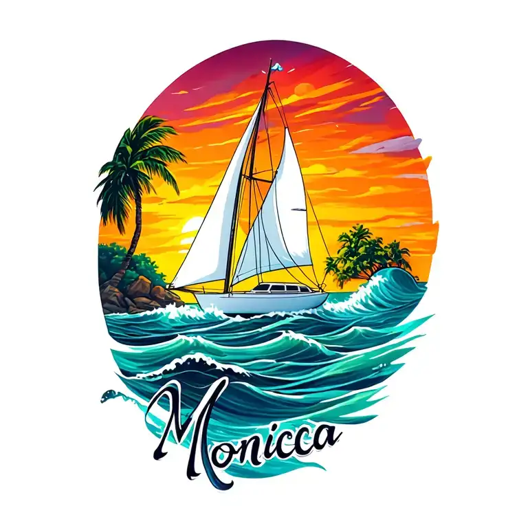 "Monica" white sailboat, ocean waves, small island background, sunrise tattoo design idea