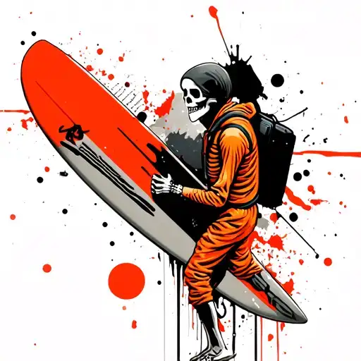 surfing skeleton in orange jumpsuit and a black headsack tattoo design idea