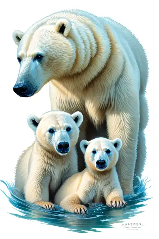 polar bear momma with two cubs surrounded tattoo design idea