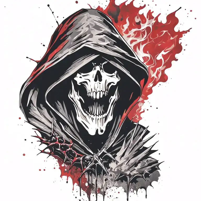 hooded reaper silohuette, smoke, fire, scary, bat wings, thorns tattoo design idea