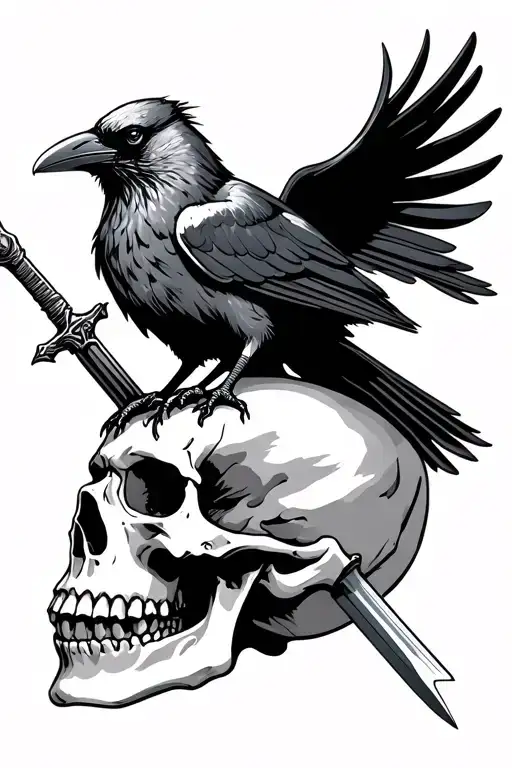crow sitting on skull  with and long sword stabbed into it tattoo design idea