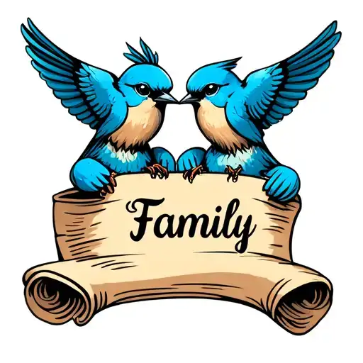 "Family " 2 bluebirds holding a scroll wrapped tattoo design idea