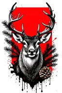deer head, pine cones and spruce branches in the background black and white tattoo design idea
