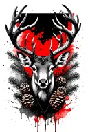 deer head, pine cones and spruce branches in the background black and white tattoo design idea